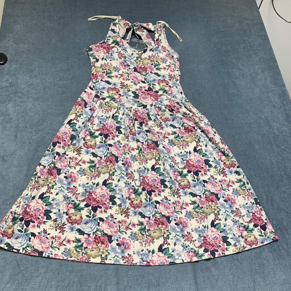 VTG Champagne West Dress Womens Medium Multicolor Floral Pleated Halter Tie Neck